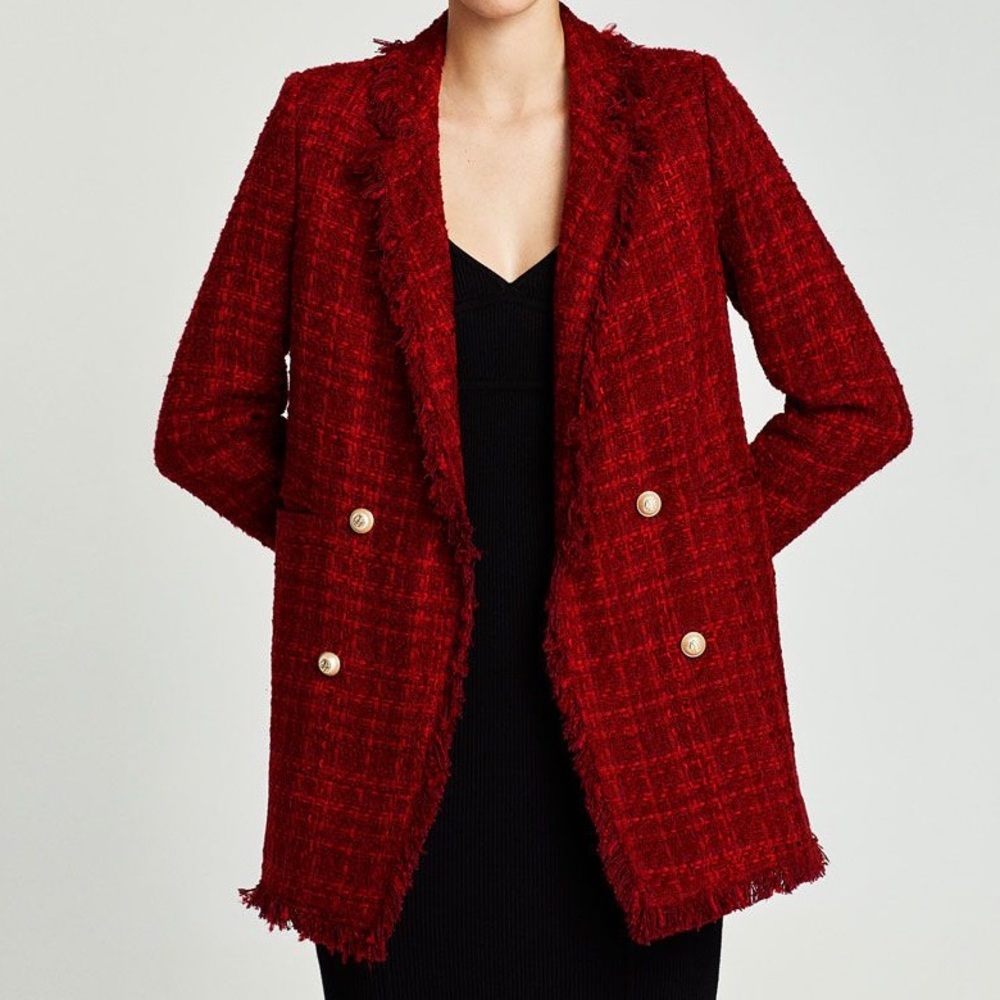 Zara red tweed blazer coat size S